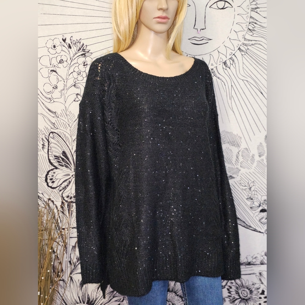 NWT NYDJ Black Sequin Knit Scoop Neck Sweater XL